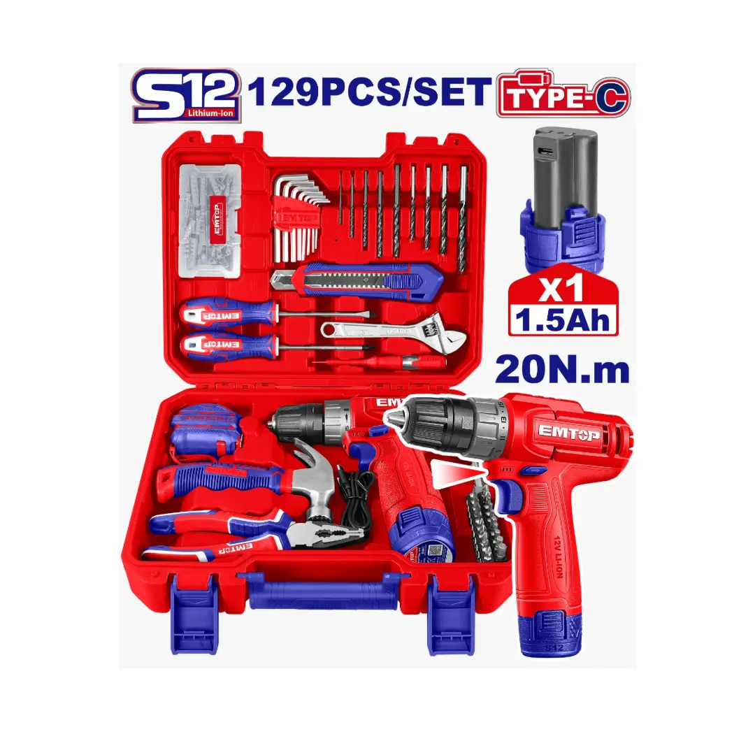 Caisse a outils avec visseuse 12v 129 Pcs EMTOP Voici une description complète, détaillée et commerciale de plus de 600 mots pour la Caisse à Outils Complète 129 Pièces avec Perceuse-Visseuse Sans Fil 12V EMTOP (Série S12, Recharge USB Type-C), optimisée pour la vente en ligne ou une fiche produit e-commerce. Coffret de Bricolage Complet 129 Pièces EMTOP avec Perceuse-Visseuse Sans Fil 12V S12 – L’Atelier Portatif Ultime Que vous soyez un bricoleur régulier, un passionné d’aménagement intérieur ou simplement à la recherche du coffret d'outillage ultime pour votre maison, la caisse à outils 129 pièces EMTOP 12V est la solution tout-en-un idéale. Conçu pour répondre à la majorité des travaux du quotidien, ce kit regroupe une perceuse-visseuse sans fil puissante et compacte ainsi qu’une sélection rigoureuse d'outils à main indispensables, le tout soigneusement organisé dans une mallette rigide et ultra-résistante. 1. Une Perceuse-Visseuse 12V Performance & Polyvalence (Gamme S12) Au cœur de ce coffret se trouve la perceuse-visseuse sans fil EMTOP 12V Lithium-Ion (S12). Ergonomique et étonnamment légère, elle offre un confort d’utilisation exceptionnel, réduisant la fatigue même lors des travaux prolongés au plafond ou dans des coins étroits. Couple Puissant de 20 N.m : Avec son couple maximal de 20 N.m et ses multiples positions de réglage de couple, cette visseuse s'adapte précisément à la dureté du matériau (bois, métal, plastique) pour éviter d'endommager vos vis ou de foirer le filetage. Batterie 1.5 Ah & Recharge Ultra-Pratique Type-C : L'une des innovations majeures de cette gamme est son port de charge USB Type-C directement intégré à la batterie. Plus besoin de vous encombrer avec un chargeur volumineux spécifique : vous pouvez recharger votre batterie facilement avec un câble standard Type-C, à la maison, dans votre véhicule ou même sur une banque de batterie (power bank). Mandrin Auto-Serrant : Permet un changement rapide et sans clé des forets et embouts de vissage. Éclairage LED Intégré & Témoin de Charge : La LED frontale éclaire directement votre zone de travail pour une précision parfaite dans les endroits sombres ou sous les meubles. 2. Un Contenu Exhaustif de 129 Pièces pour Tous Vos Projets Cette mallette ne laisse rien au hasard. Elle est pensée pour couvrir absolument tous les besoins courants : montage de meubles en kit, réparations mécaniques légères, fixations murales, travaux d'électricité domestique et entretien général. Outillage à Main & Mesure : 1 Marteau arrache-clous (Marteau américain) : Doté d'une poignée ergonomique antidérapante pour enfoncer ou retirer facilement les clous. 1 Pince universelle : Indispensable pour maintenir, couper les fils ou plier des éléments métalliques. 1 Clé à molette réglable : Idéale pour la plomberie et le serrage d'écrous de différentes tailles. 1 Mètre ruban enrouleur : Pour des prises de mesures rapides et précises. 1 Cutter à lame rétractable : Pour toutes vos découpes nettes dans le carton, les emballages ou le plastique. Tournevis à main & Testeur : Inclut des tournevis plat et cruciforme, ainsi qu'un tournevis testeur de tension électrique pour travailler en toute sécurité. Accessoires de Perçage & Vissage : Jeu de forets (Bois & Métal) : Une sélection de forets robustes pour percer proprement différentes surfaces. Jeu de clés mâles (Clés Allen / Hexagonales) : Indispensables pour le montage de meubles et la mécanique. Boîte de visserie et chevilles organisée : Une mallette transparente intégrée contenant un assortiment de vis et chevilles murales pour réussir toutes vos fixations dès l'ouverture du coffret. Set d'embouts de vissage variés : Empruntes plats, cruciformes (PH/PZ) et Torx pour s'adapter à toutes les têtes de vis du marché. 3. Ergonomie, Rangement et Mobilité La force de ce kit réside également dans sa mallette de transport thermoformée et renforcée. Chaque outil possède son emplacement dédié et clipsé, évitant que le matériel ne se mélange pendant le transport. Organisation à deux compartiments : Visualisez l'ensemble de votre outillage en un coup d'œil pour ne plus jamais perdre un embout ou une clé. Fermetures Solides & Poignée Ergonomique : Conçue aux couleurs de la marque EMTOP (Rouge et Bleu), la caisse est équipée de verrous robustes pour supporter les transports fréquents sur vos chantiers ou dans le coffre de votre voiture. 4. Spécifications Techniques Récapitulatives Tension nominale : 12 V Système de batterie : EMTOP S12 Lithium-Ion (1.5 Ah) Couple maximal : 20 N.m Mode de recharge : Câble USB Type-C Nombre total de pièces : 129 pièces Éclairage : Faisceau LED intégré sur la visseuse Rangement : Coffret rigide avec emplacements sur mesure Faites le choix de la polyvalence et de l'efficacité au quotidien avec la Caisse à outils 129 Pièces EMTOP 12V : un équipement complet, moderne et toujours prêt à l'emploi !